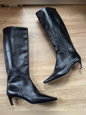 New Reformation Remy Knee-High Heeled Boots Black Leather Size 6